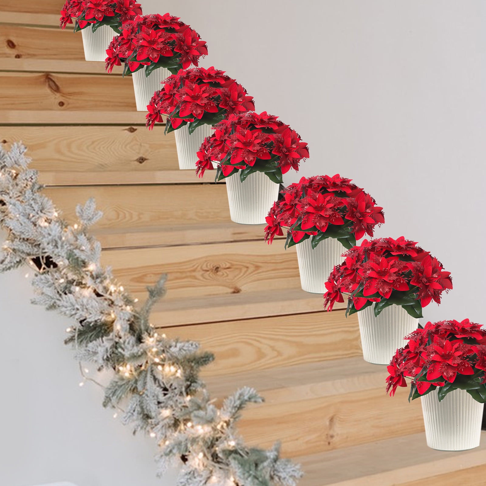 Poinsettias Artificiels Floqués - Lot De 2 Avec Pots Noirs - Fleurs De Noël Rouge Et Blanc - Décoration Festive Maison/Bureau