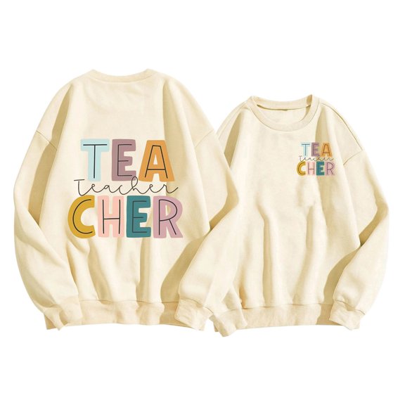 Bibifish Womens Sweatshirts Teacher Color Letter Printed Crewneck Sweatshirts Long Sleeve Pullover Tops Back To School Outfits