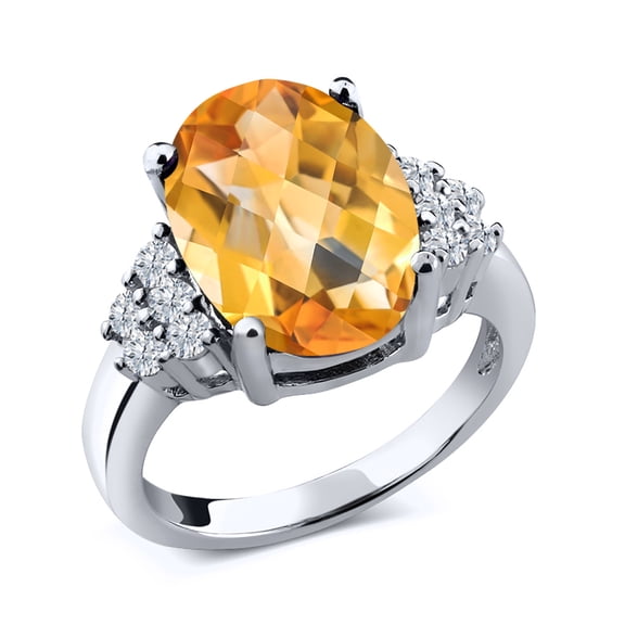 Gem Stone King 6.06 Ct Oval Checkerboard Yellow Citrine White Diamond 925 Sterling Silver Ring (Size 6)