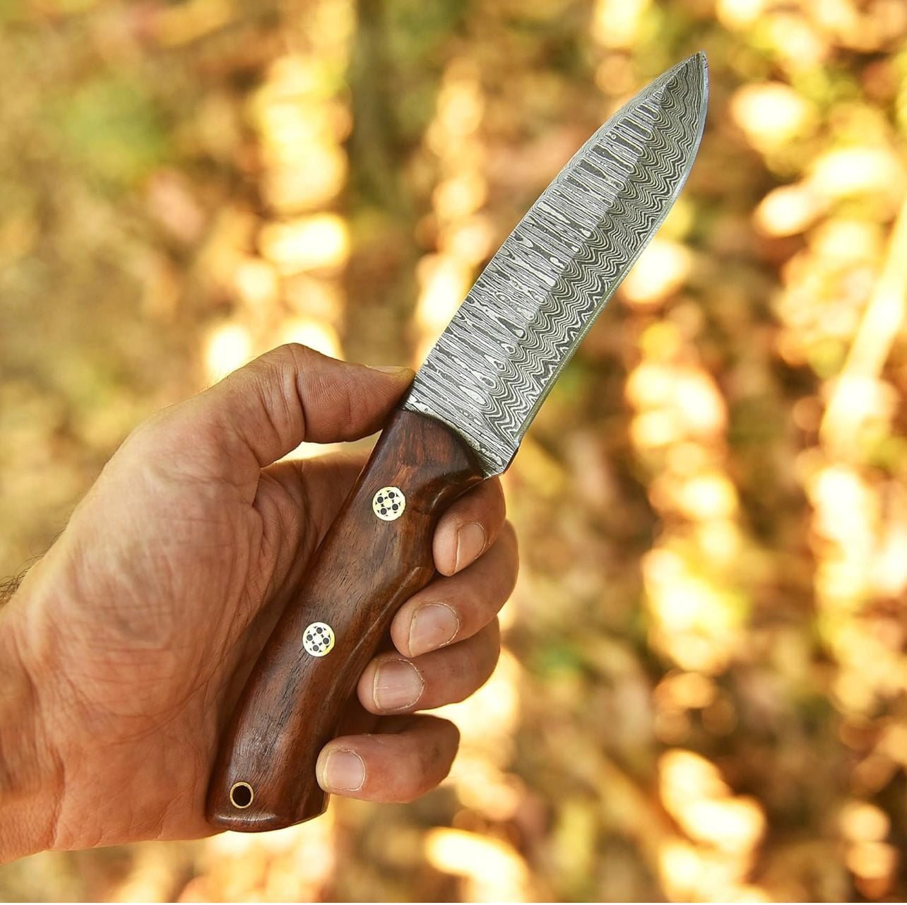 Damascus Hunting Knife Bushcraft Survival Blade, Leather Sheath Outdoor Camping Equipment