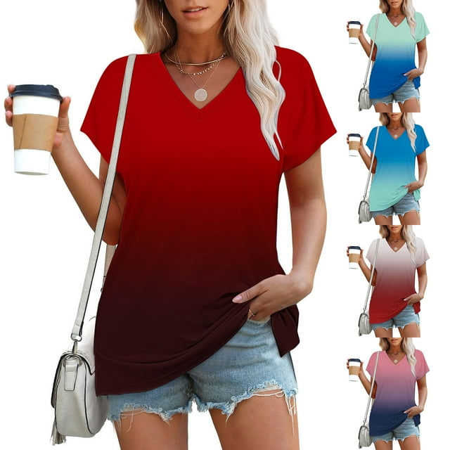 Ashirexll Hauts pour Femmes Tendance, T-shirt Imprimé à Col en V à Manches Courtes pour Femmes, Coupe Ample à Manches Courtes