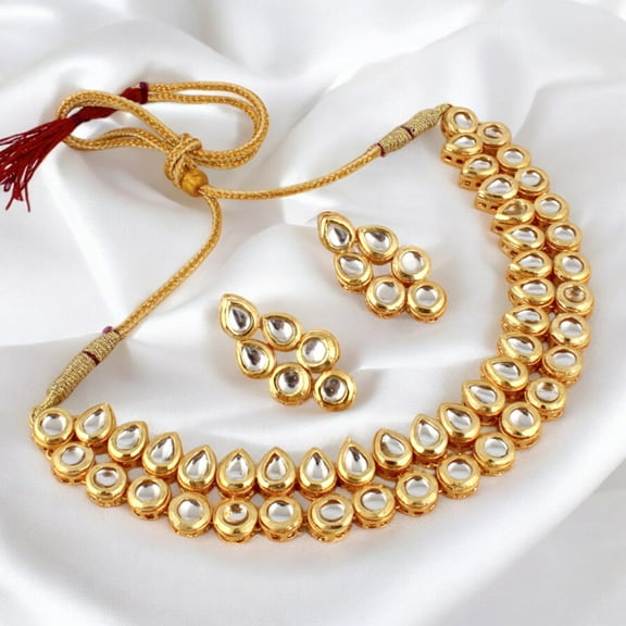 Lucky Jewellery Back Meenakari Stone Bollywood Style Handcrafted Indian Jewelry 18k Gold Plated White Color Tika Earring Combo Uncut Kundan Choker Necklace Set