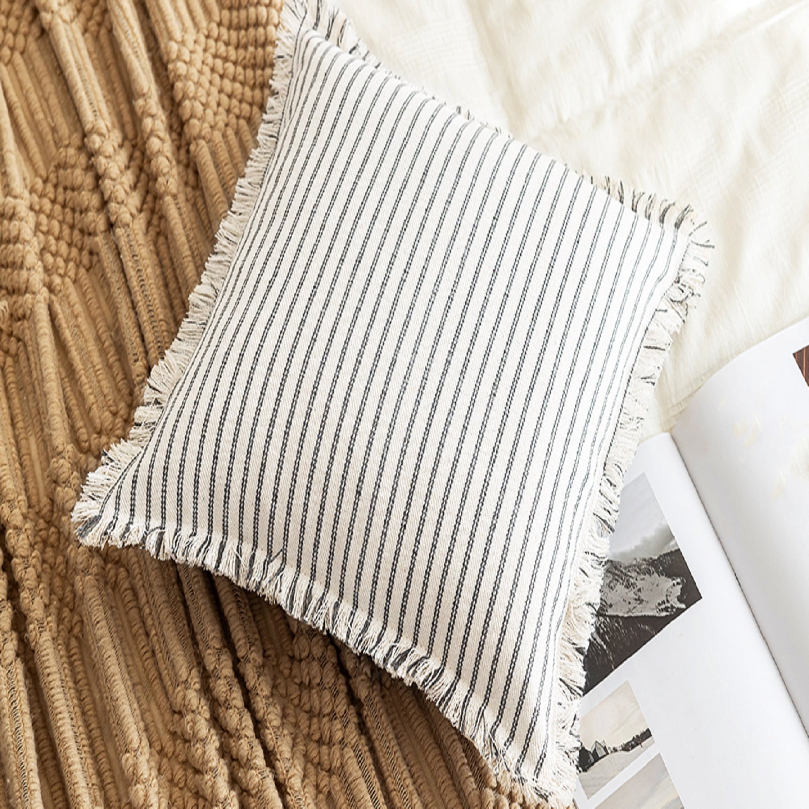Skodaer 2 Pack Boho Decorative Throw Pillow Covers with Fring Tassel Chic Striped Pillow Case,18"x18",Grey
