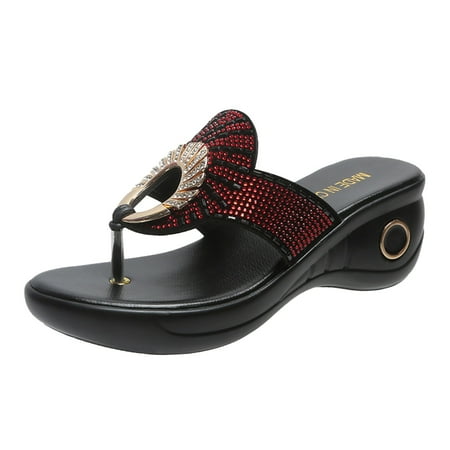 

LIANGP Women s Flip Flops Women s Summer Rhinestones Non Slip Slip On Wedges Beach Open Toe Breathable Sandals Flip Flops Shoes Women s Shoes Red Size 8