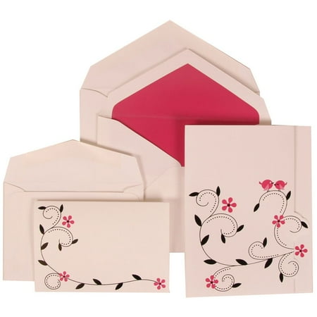 JAM Paper® Wedding Invitation Combo Sets, 1 Small & 1 Large, Pink Card with Pink Lined Envelope and Colorful Birds, 150/pack