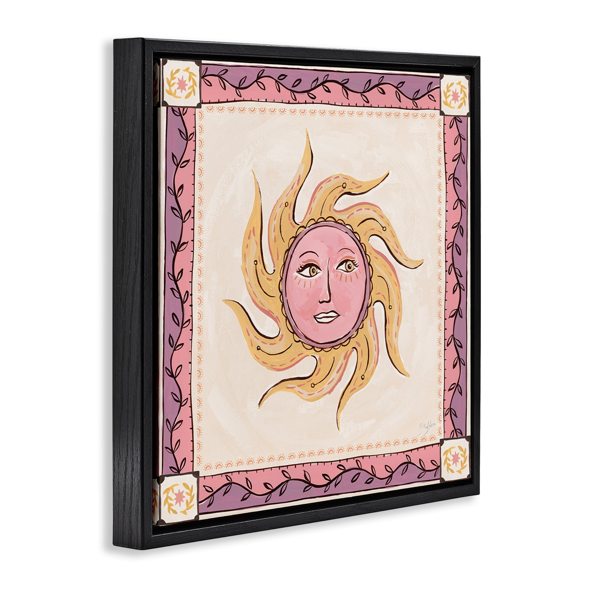 Stupell Industries Pink Sun Face with Leaf Border Black Framed Floater Canvas Wall Art, design by Two If By Sea Studios