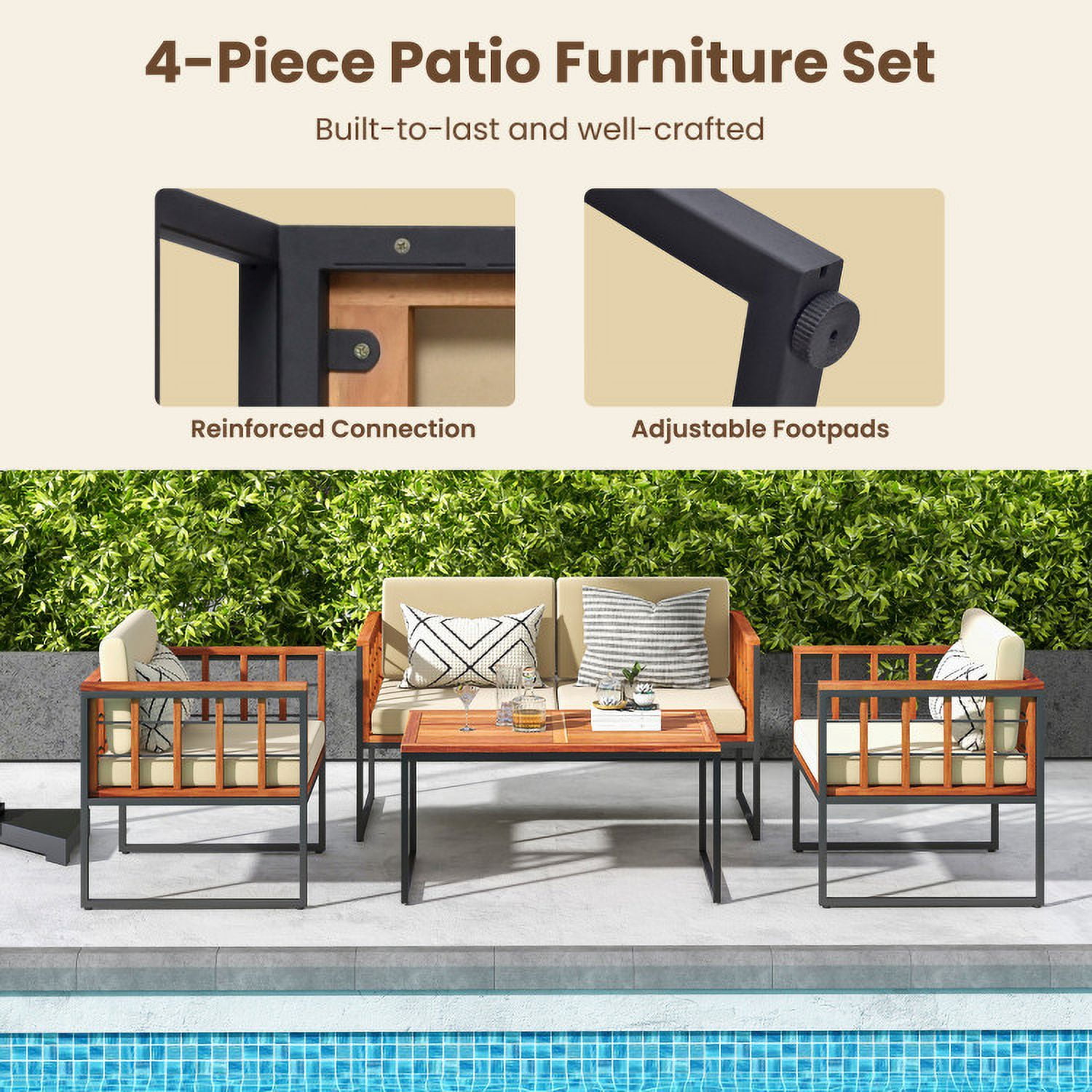 Aimee Lii 4 Pieces Acacia Wood Outdoor Sofa Set for Balcony Porch Backyard Poolside, Outdoor Patio Set Aimee Lii 4 Pieces Acacia Wood Outdoor Sofa Set for Balcony Porch Backyard Poolside, Outdoor Patio Set