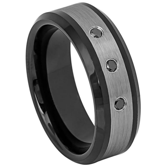 Custom Personalized Engraving Wedding Band Ring Set for Him & Her - 8mm Two-tone Black IP Plated Brushed Finish