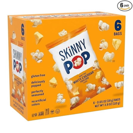 Pack of 1 SkinnyPop Popcorn, White Cheddar, Whole Grain, Dairy-Free Snack, 0.65oz Bags (6ct)