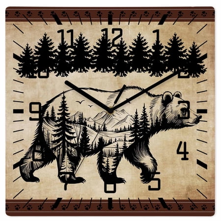 Brown Black Bear Wooden Wall Clock Silent Non Ticking, Farmhouse Cabin Forest Vintage Square Wall Clocks Battery Operated, Decor Clock for Home Office, Living Room, Kitchen, 10 Inch
