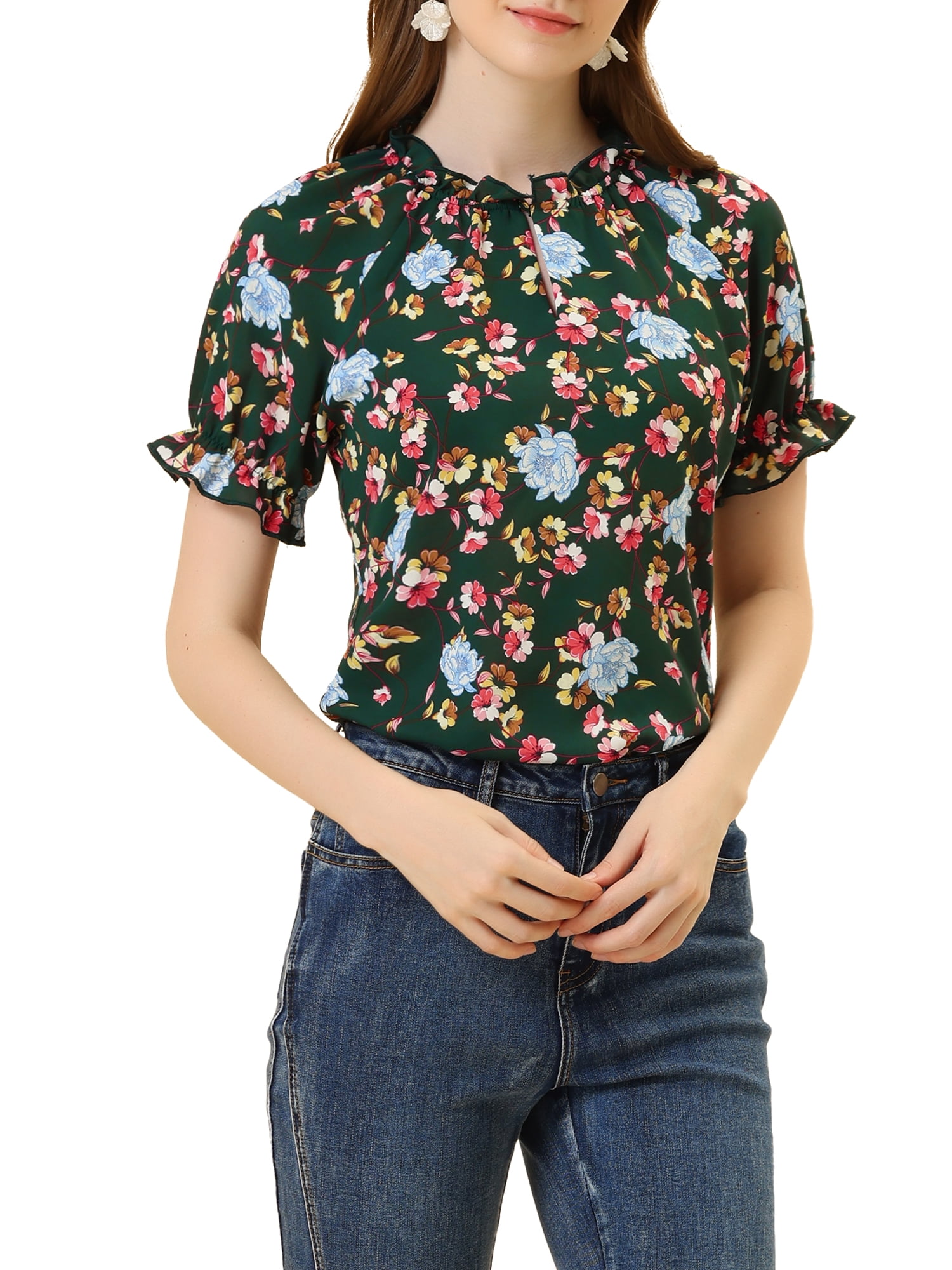 DARING DIVA Women's Floral Ruffled Neck Short Sleeves Top Blouse S Dark Green