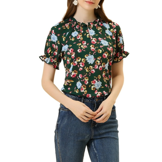 INSPIRE CHIC Women's Blouse Floral Ruffled Short Sleeve Ruffle Neck Casual Blouses S Dark Green