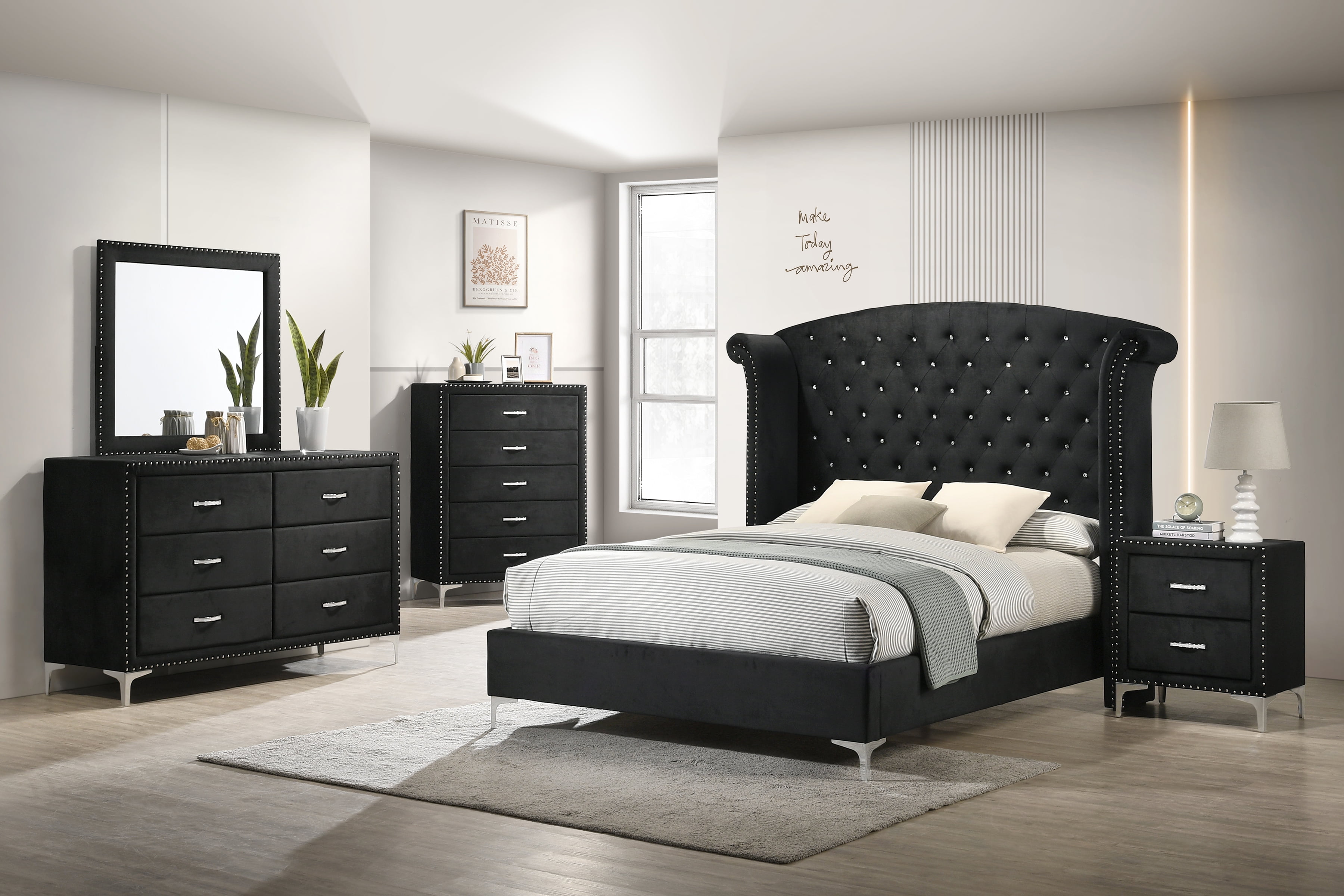 Bed Frame 1pc Glam Upholstered Queen Bed Button-Tufting Wing Back Headboard Button Bedroom Furniture Wood Metal Fabric Black