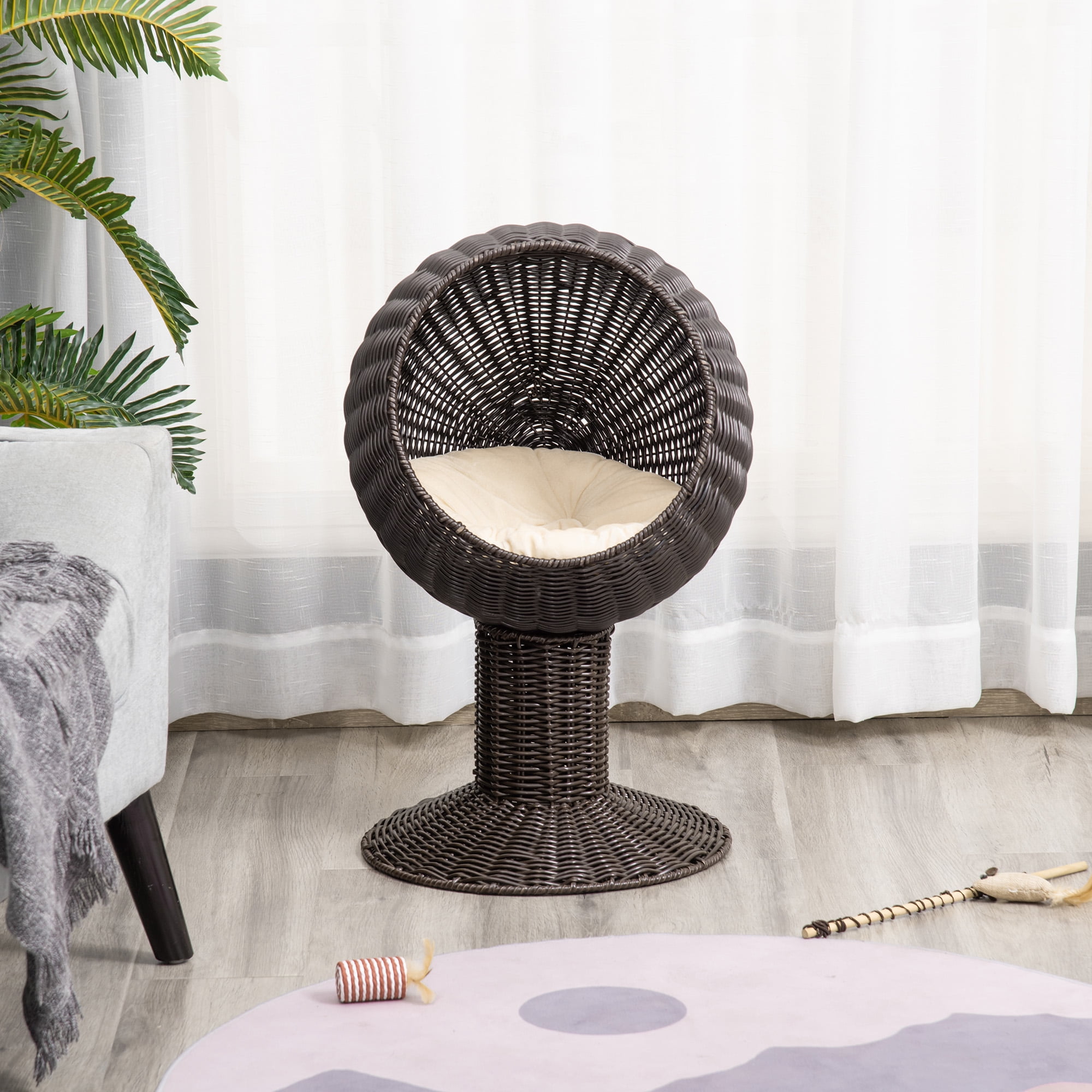 PawHut 27" Hooded Elevated Cat Bed Rattan Kitten Condo Round with Cushion, Coffee