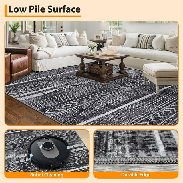 Area Rug 5x7 Modern Geometric Floor Cover with Non-Slip Backing, Temporary Marble Style Throw Rug, Machine Washable Soft Low Pile Accent Carpet for Living Room, Bedroom, Office, Black Gray