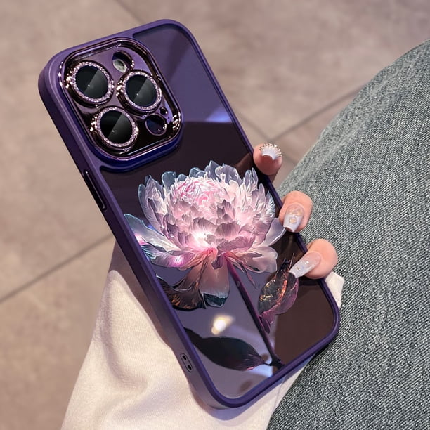 Funda de teléfono con protección de lente de diamante de loto brillante, antiadherente, resistente a caídas y suciedad, para iPhone 14, 13, 12, 11 Pro Max Plus Fivean unisex