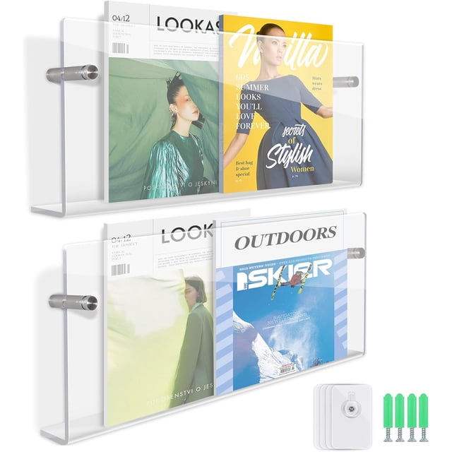 2 Pack Clear Acrylic Magazine Holder, Wall Mount Hanging Bookshelf Literature Storage Rack, Brochure File Display Shelf for Waiting Room, Living Room,Bedroom, Corridor passage, Office, Home