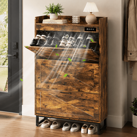 BEURUKU Shoe Cabinet Storage for Entryway, Deodorizing Slim Shoe Rack with 2 Flip Drawers and Deodorizer, Freestanding Shoes Organizer Cabinet with Metal Legs, Brown 31.5" W*9.45" D*43.3" H