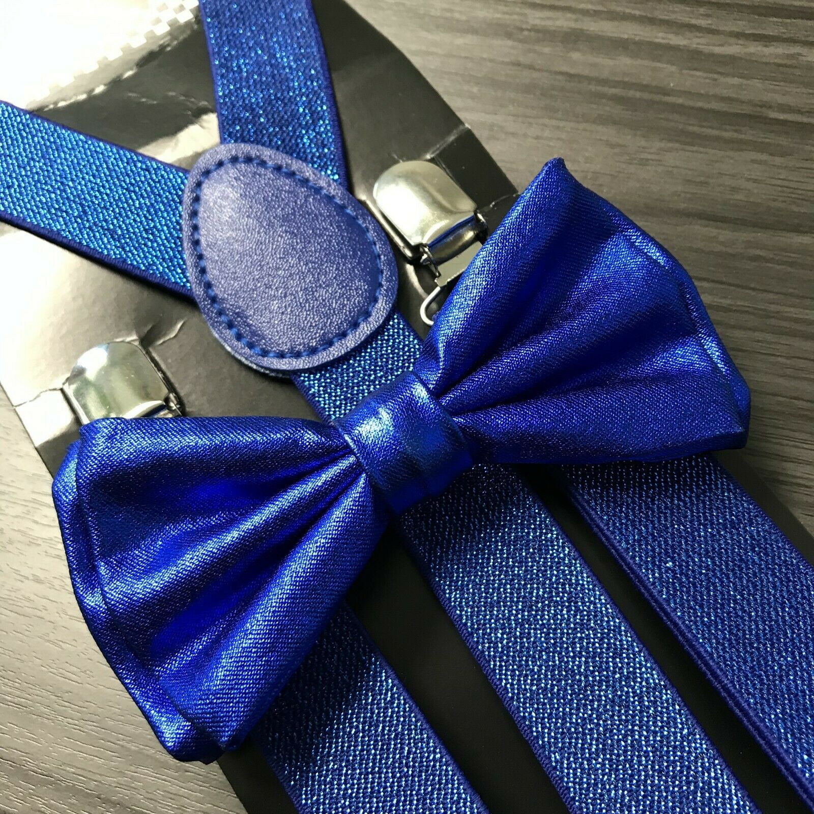 Blue Sequin Suspenders & Blue Metallic Finish Shiny Bow Tie Set  Classic Combo 