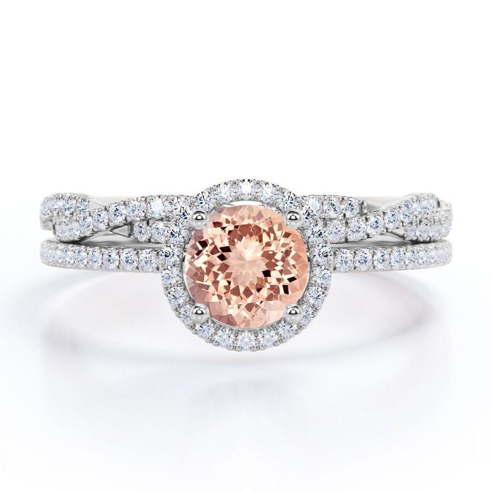 JeenMata Four-Prong Halo Setting 1.5 Carat Round Brilliant Cut Pinky Peach created morganite and Moissanite Pave Infinity Bridal Ring Set in 18K White Gold Plating over Silver