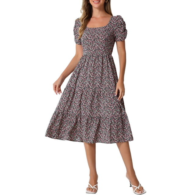 Vestido de flores de INSPIRE CHIC con escote cuadrado, mangas cortas abullonadas y dobladillo con volantes