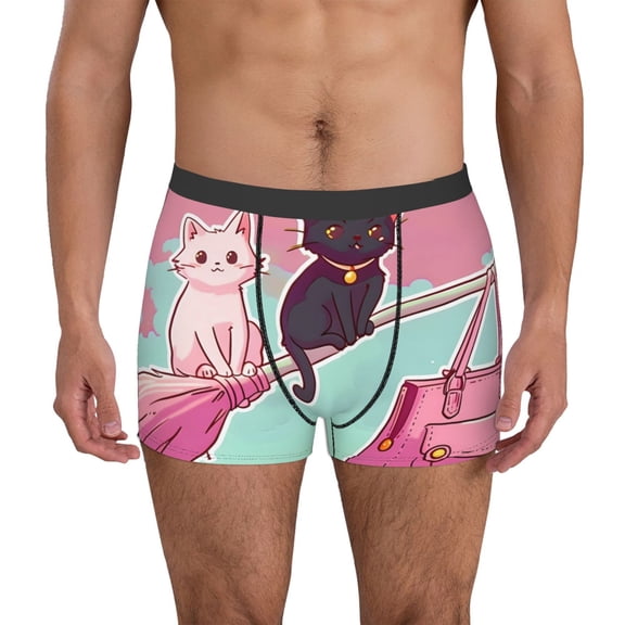 Fuzoiu Cats On Broomstick Print Men's Ultra Breathable Underwear,No Riding Up Boxer Briefs with ComfortFlexible Waistband-Small