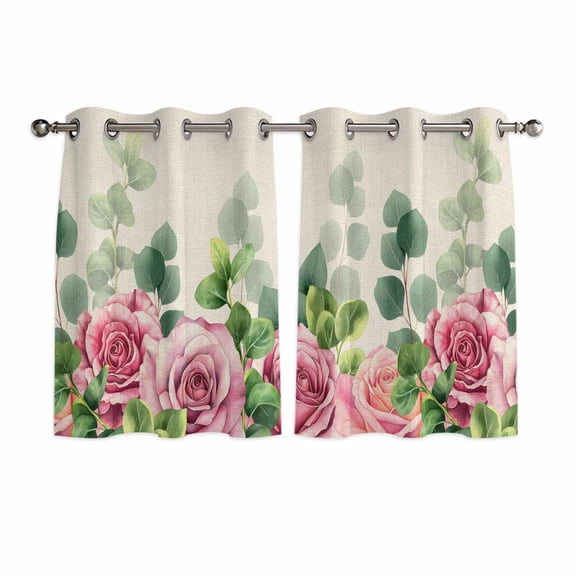 Spring Pink Roses Kitchen Curtains Window Panels, Pastoral Eucalyptus Leaves Rustic Burlap Insulated Window Treatment Curtain, Grommet Curtains for Bedroom/Living Room/Bathroom, 2 Piece 52"Wx45"L