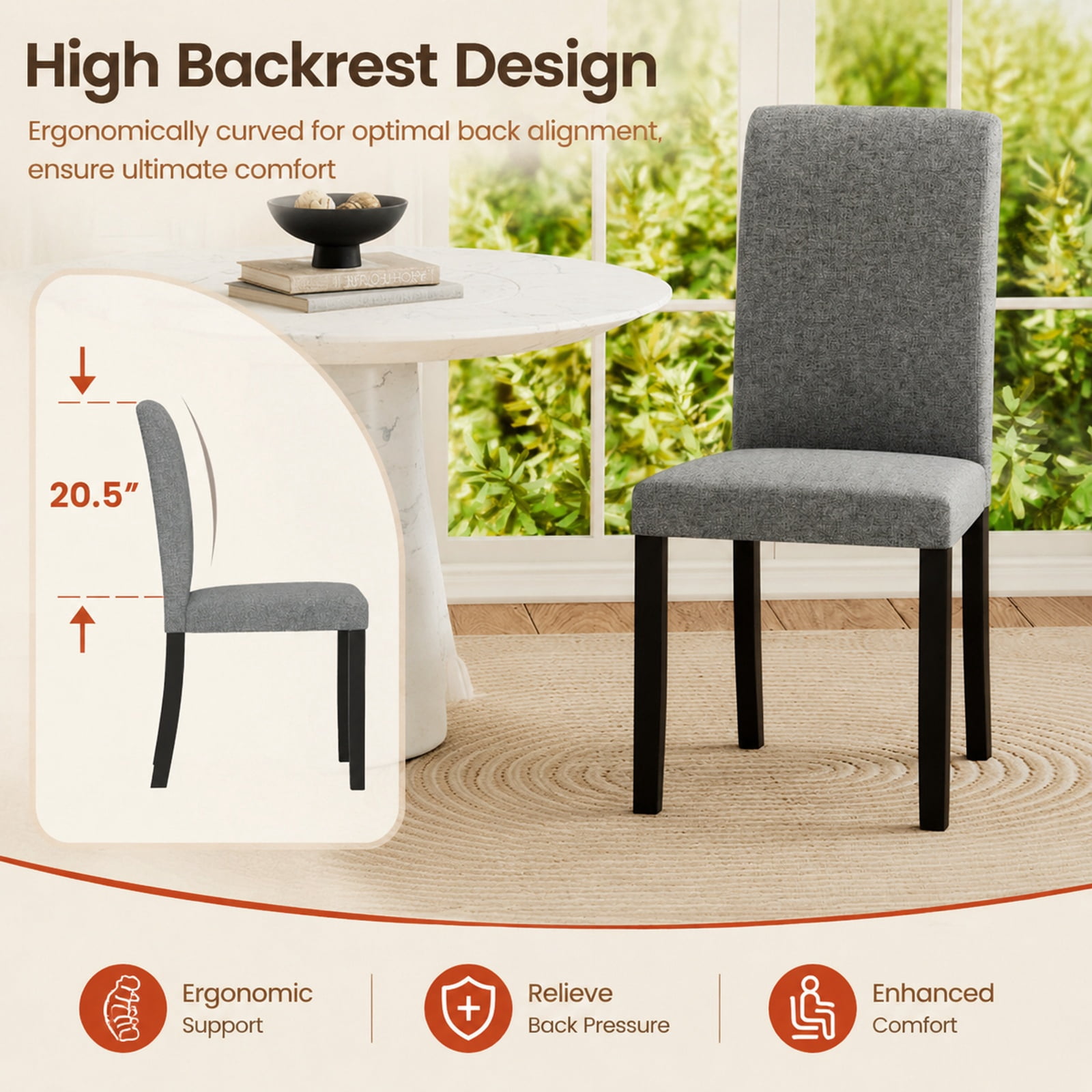 Furnibear Mid Century Modern Dining Chairs Set of 2 with Rubber Wood Legs and Padded Seats for Kitchen Dining Room, Gray