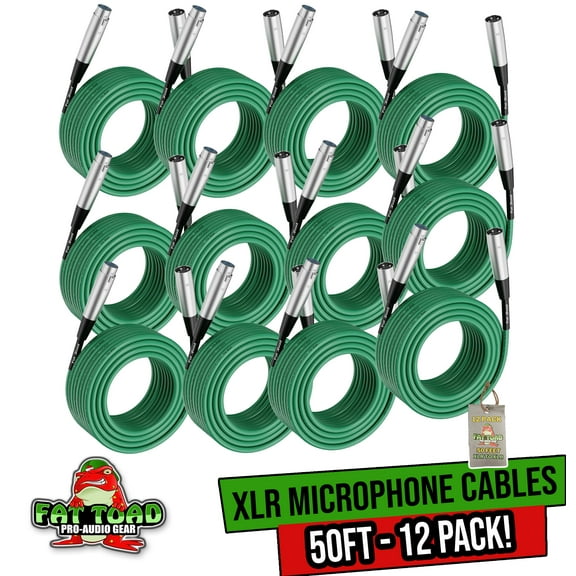 50ft XLR Microphone Cables (12-Pack) by FAT TOAD | Professional Pro Audio Green Mic Extension Patch with Lo-Z Connector | 24 AWG Shielded Wire & Balanced for DJ Music Recording Studio Mixer Gear