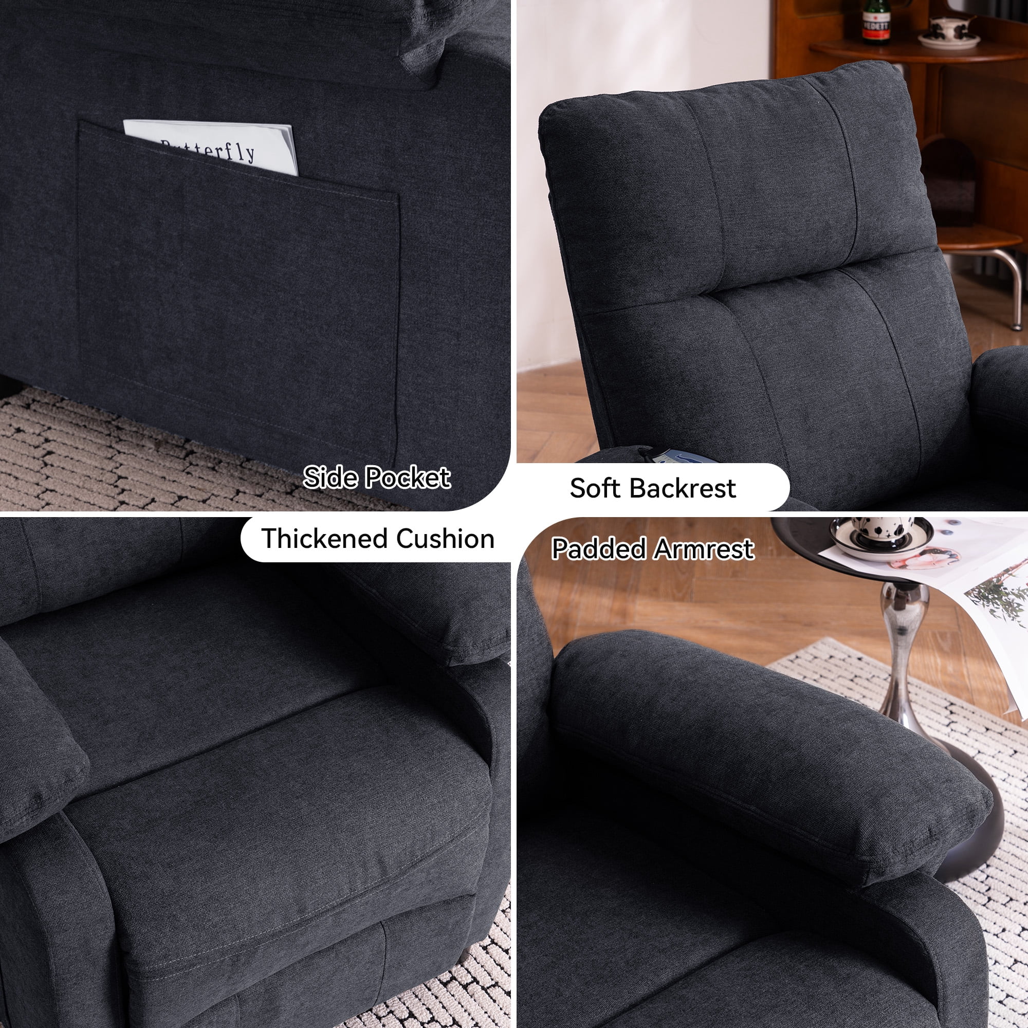 NEW 160°Recliner Chair for Elderly -Manual Push Back Reclining Chair with 8-Point Massage & Heating, Remote Control, Side Storage Pockets for Living Room, Bedroom, Black