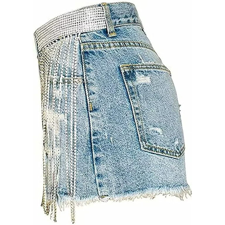 Rhinestone Fringe Shorts Women's High Rise Diamond Tassels Stretchy Casual  Jean Shorts Vintage Distressed Hot Shorts