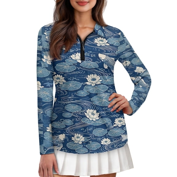 Jiueut Zip Up Tennis Shirts for Woman Soft Golf Polo Koi Lotus Print Fall Polo Shirt with V Neck Comfortable Performance Golf Wear Long Sleeves, Size Small