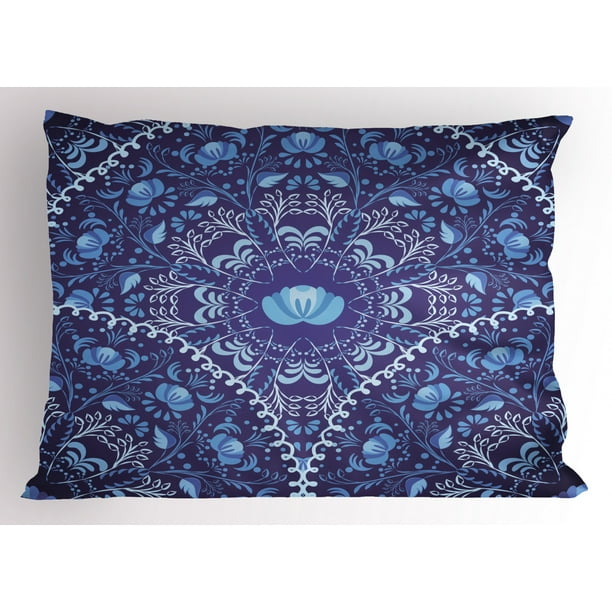 Navy Blue Pillow Sham Circular And Floral Alike Oriental Style Patterned Design Artwork Decorative Standard King Size Printed Pillowcase 36 X 20 Inches Navy Blue White And Blue By Ambesonne Walmart Com