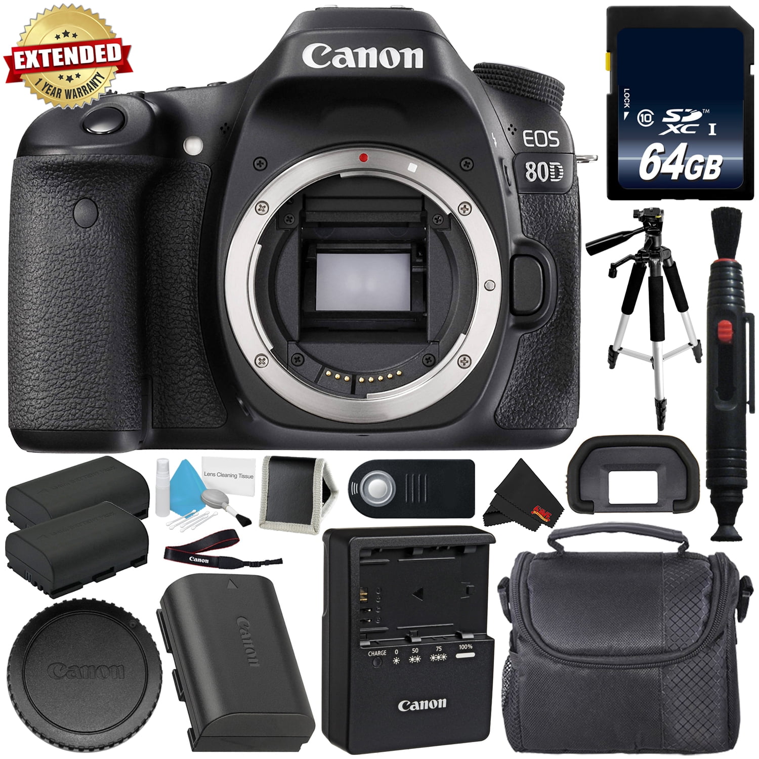 Canon EOS 80D Digital SLR Camera Body (Black) Bundle with 64 GB Memory