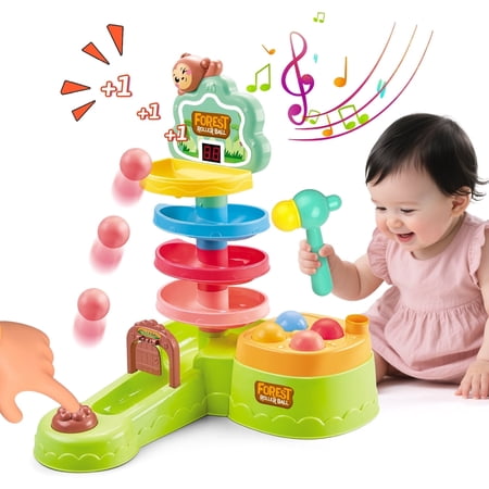 UQN Ball Drop Toys for 1 Year Old Toddlers Toys with Hammer Pound Balls Shoot Balls Game Scoring Game Ball Drop Tower for 1 Year Boys Girls Toys Gift Montessori Toys for Toddlers 1-3 Year Old