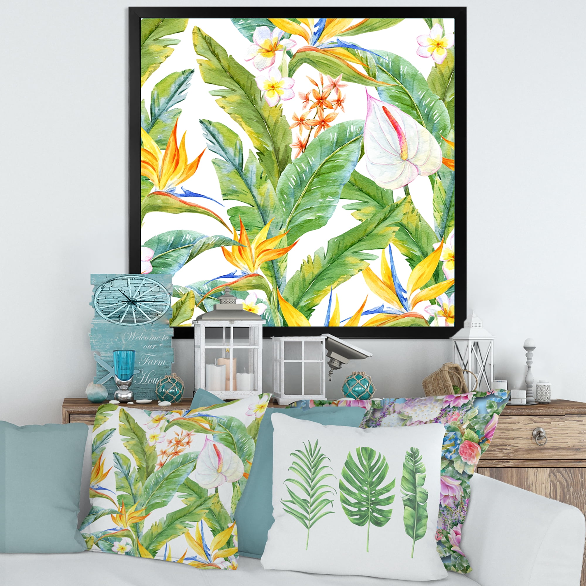 Designart 'Yellow Flowers and Tropical Foliage II' Modern Framed Art Print
