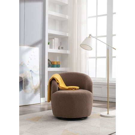 Teddy Fabric Swivel Accent Armchair - Coffee Brown, 360° Rotating Barrel Chair, 25.6" Comfy Seat, Living Room/Bedroom, Soft Upholstery, Metal Base
