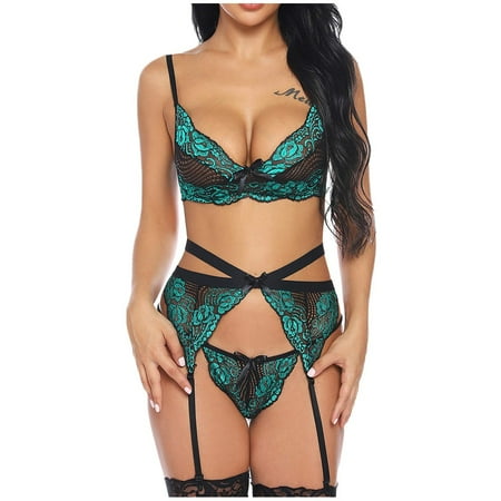

DNDKILG Lace Teddy Lingerie for Women Sexy Bra and Panty Sets Babydoll Lingerie Set with Garter Green 3XL