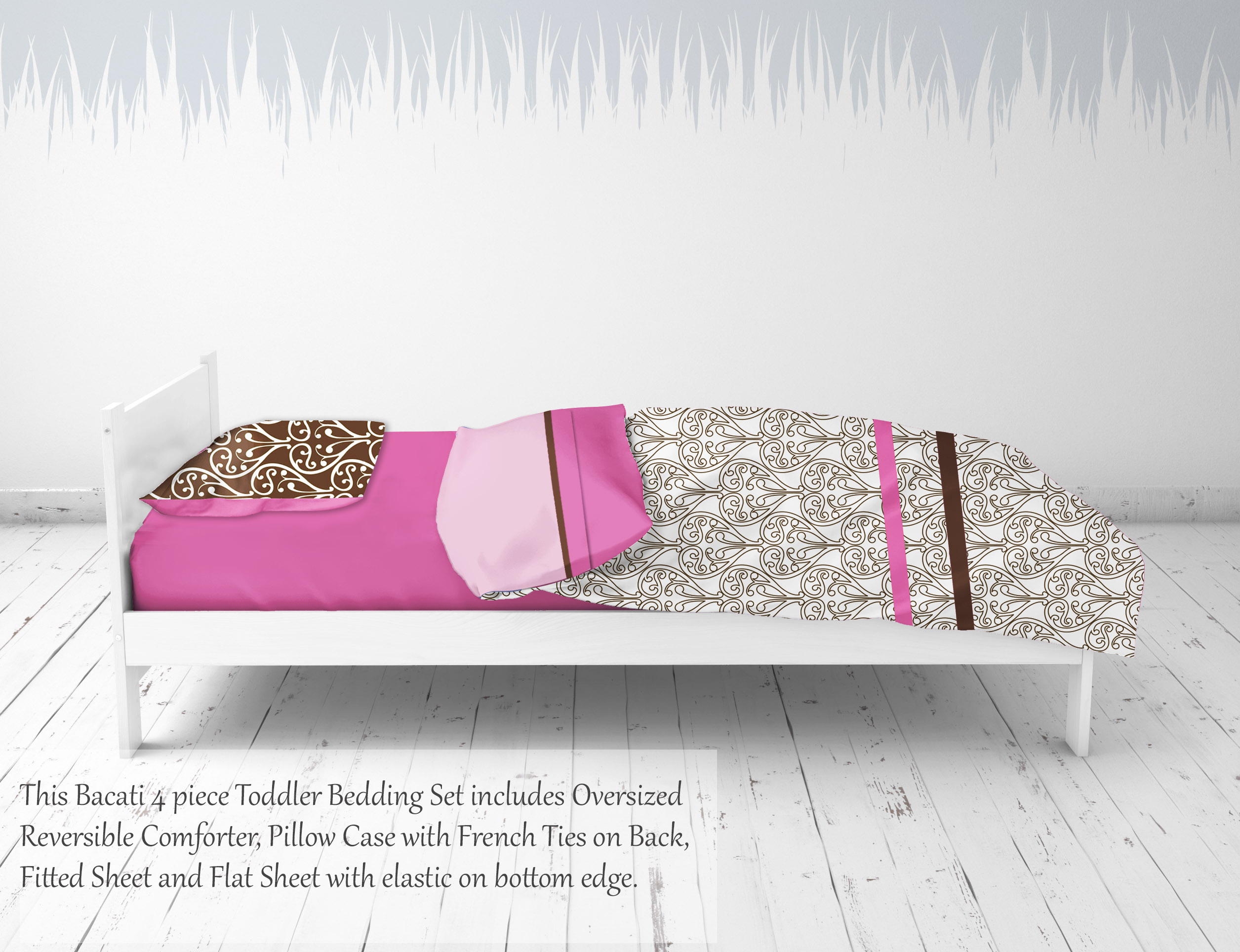 Bacati - Damask 4-Piece Toddler Bedding set 100% Cotton percale, Pink/Chocolate