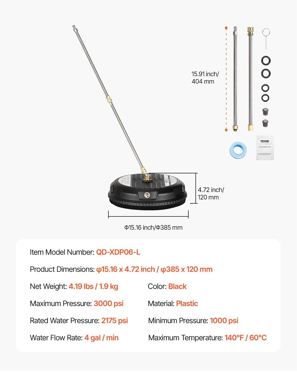 15" Pressure Washer Surface Cleaner - 3000 Max PSI Rotary Nozzle with 2 Extended Wands - Heavy Duty Plastic for Driveways, Decks & Concrete - Fits Most Power Washers