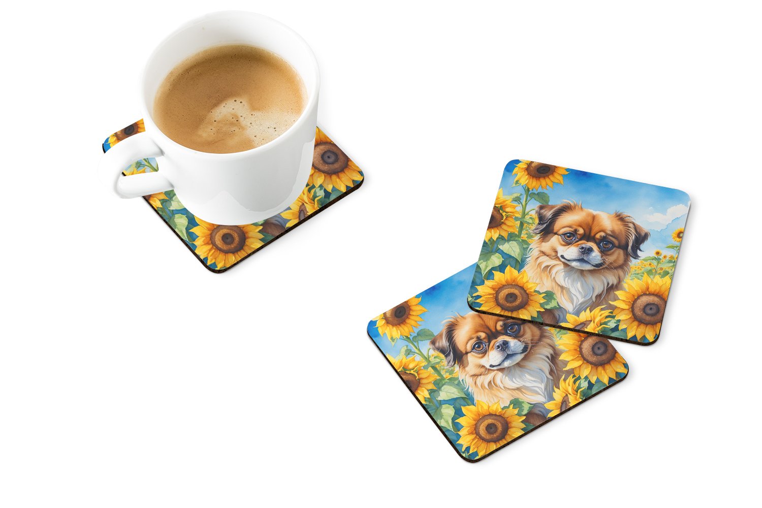 Tibetan Spaniel in Sunflowers Foam Coasters 3.5 in x 3.5 in