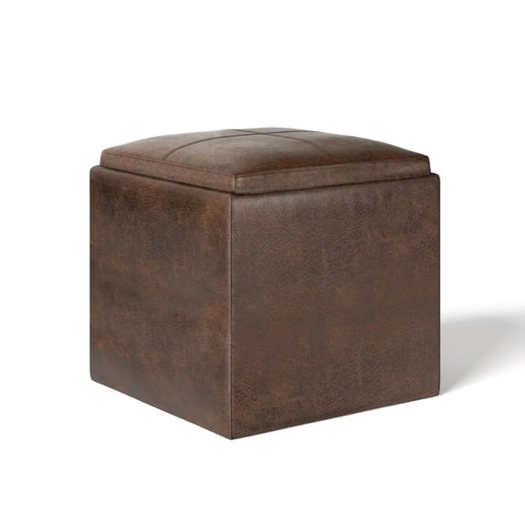 Simpli Home Rockwood 17 inch Wide Contemporary Square Cube Storage Ottoman with Tray in Distressed Brown Vegan Faux Leather, Assembled