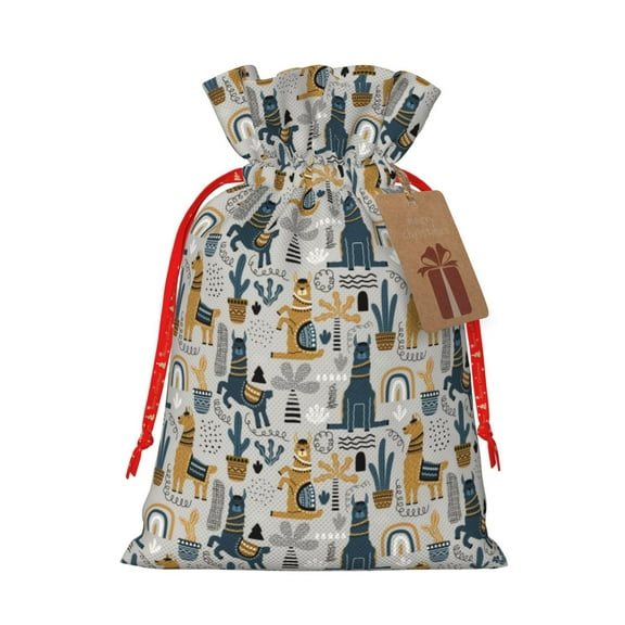 Naloa Llama and Cactus1 Drawstring Christmas Bags, 3D Xmas Gift Bags, Christmas Wrapping Bags, Xmas Goodie Bags, Treat Pouch Bags, Party Favor Bags-