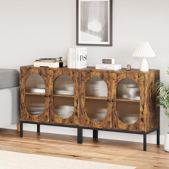 Set of 2 Sideboards with Fluted Glass Doors, 31.5" Wide Buffet Cabinet with Adjustable Shelves & Metal Legs, for Entryway, Living Room & Dining Room