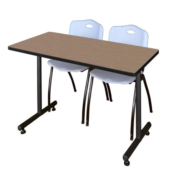 Regency Kobe 48 x 24" T-Base Seminar Table-Noble Oak/2 M Stack Chairs- Grey
