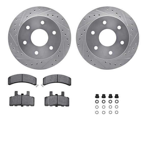 Dynamic Friction Company Front Brake Rotors-Drilled and Slotted-Silver with Heavy Duty Brake Pads includes Hardware 7212-48077