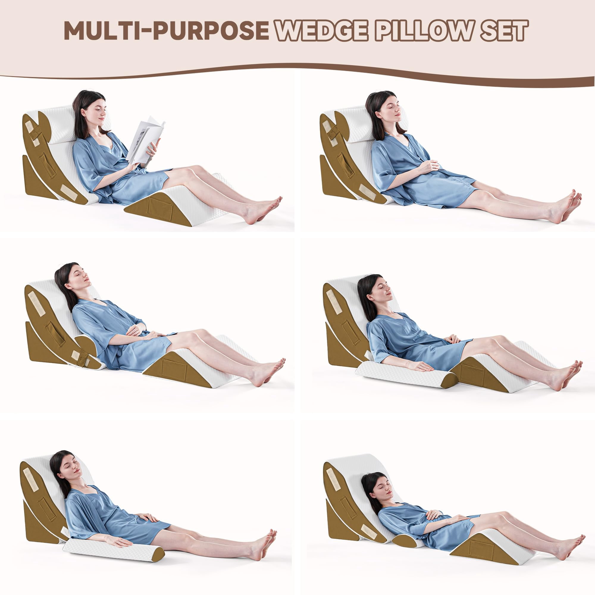 4pcs Orthopedic Bed Wedge Pillow Set For Sleeping  Post Surgery Foam Body Back And Leg Pain Relief Triangle Adjustable Support - Acid Reflux Pillows Brown