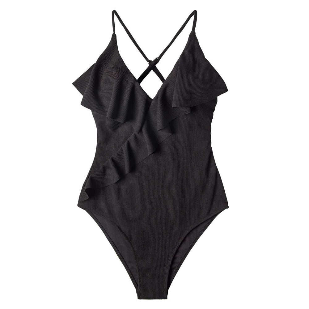 Cupshe Women's Solid Black Ruffled One Piece Swimsuit Plunging