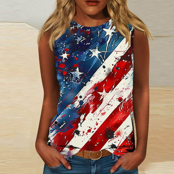 HOMBOM Loose Fit Muscle Tank Tops for Women Crew Neck Sleeveless Casual independence Day Print Shirt