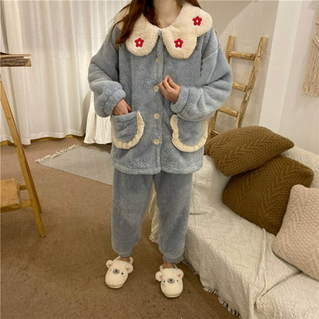 

Tangnade Sleepwear for Women Shipping on time Women s Loose Pockets Hairy Wearing Home Clothes And Pajama Suit Sky Blue free size